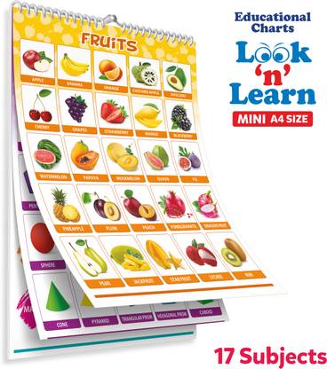 Mini A4 Size Early Learning Educational Charts, Look and Learn Mini Wall Chart for Kids, Number, Alphabet, Animals, Fruits, Body Parts, Transport Etc. 9 Pages Front & Back. Paper Print