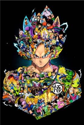 Goku Character Collage Anime Poster, 12 x 18 Inch, 300 GSM Paper, Double Side Tape for Wall Decor, Ideal Home Decor, Packed in Paper Core Tube (Rolled) Photographic Paper