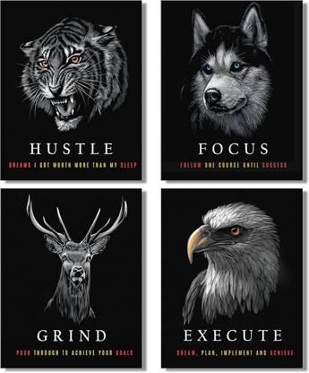 HUSTLE, FOCUS, GRIND & EXECUTE - Motivational Wall Art Canvas - Inspirational Wall Art and Office Wall Decor. - Motivational Poster for Office Work Dorm Home living room School College & Gym - (Black and White) 48 x 16" Photographic Paper