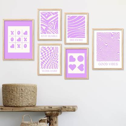 Pastel Purple paintings for wall decoration | Digital Prints with frames | Painting for Home Decor - Wall Paintings for Living Room, Bedroom | Check Funky wall art (set of 6) Paper Print