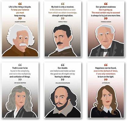 Combo Set of 6 Motivational Wall Posters | Nikola Tesla, Newton, JK Rowling, Shakespeare, Thomas Edison, Albert Einstein Quotes (12x18 inch, Multicolor, 6 Prints, Unframed) Fine Art Print