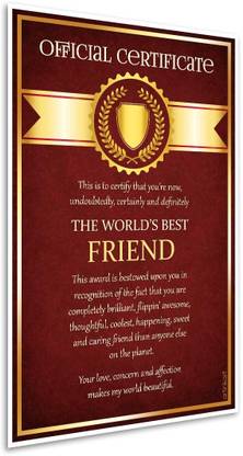Best Friend Certificate Poster Digital Art Print for Home Room Gift (Paper, 12x18 inch, Unframed) Fine Art Print