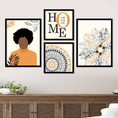Modern Wall Art Paintings for Living Room ,Bedroom / Floral Design Wall Poster with Home Quote for Wall Decor (10.25 inch x 13.25 inch, Framed ) Multicolor, set of 4 Paper Print