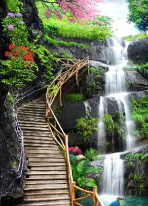 BEAUTIFUL WOODEN WALKWAY AND WATERFALL POSTER - TRENDING 12X18 Paper Print