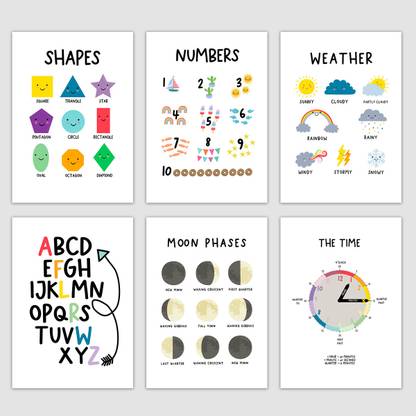 Wall Poster For Kids Education About Shapes, Number, weather, Alphabet, Moon Phases, and Time Poster for Kids Learning, Kindergarten, Nursery and Homeschooling (Pack of 6) Paper Print