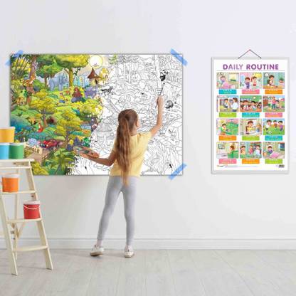 DAILY ROUTINE CHART and GIANT JUNGLE SAFARI COLOURING POSTER | SET OF 1 CHART and 1 POSTER | "Daily Rhythm: chart and Giant Jungle Safari colouring Poster for Kids' Routine and Adventure. Paper Print