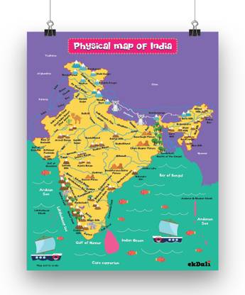 Learn Physical Features of India -Physical map of India wall chart for kids with 50+ Geographical Features Like Mountains, Rivers, Plateaus, lakes, islands and more. Paper Print