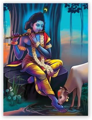 Hindu God Shri Krishna Playing Flute With Cow Photo Poster Size “24 X 18" Inches Fine Art Print