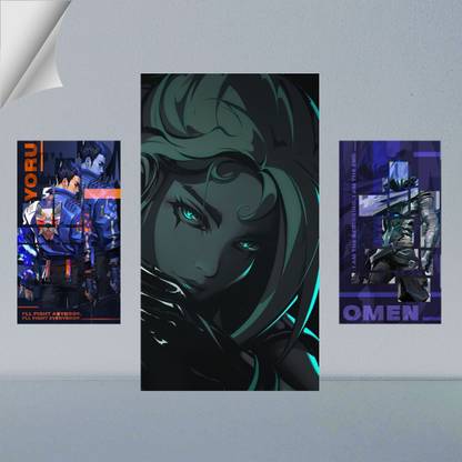 Unique Decor | COMBO SET OF YORU, JETT AND OMEN DIGITAL ART FRAME | VALORANT AGENTS | ANIME | SET OF 2 A4 AND 1 A3 300 GSM FRAMED POSTER FOR WALL Photographic Paper