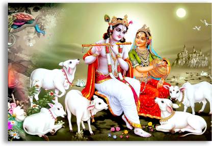 Shree Krishna Playing Fluet Infront Of Radharani & Cow Poster HD God Poster For Home Decor Religious Poster Fine Art Print