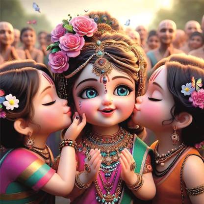 Baby Shree Radha Rani With Freinds God Wall Poster For Pooja Room,Office,Bedroom,Living Room (Size -45 Cm X 45 cm) Paper Print