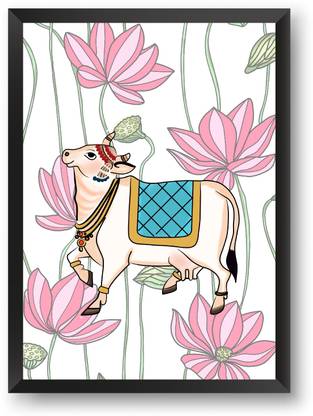 COW PICHWAI LOTUS TRADITIONAL PAINTING DIGITAL PRINT Wall Frame - Black Framed Wall Poster For Home And Office With Frame, (12.6*9.6) Photographic Paper
