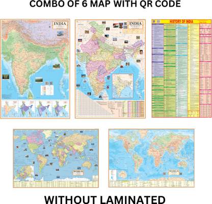 (COMBO OF 5 MAPS/CHARTS) INDIAN History of India Chart With India & World Map (Both Political & Physical)| Set Of 5| Map Size (28 * 40 Inch) (23 * 36 Inch)| Paper Mint | Best Useful for UPSC, SSC, IES and other Competitive Exams. (All English Maps) Paper Print. Paper Print