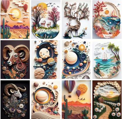 12pcs Paper Quilling, Digital Art Posters for Room Decoration Unframed Multicolour A4 Size Poster (29 cms x 21 cms) Fine Art Print