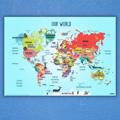 world map for blue colour walls - Beautiful map Paper Print