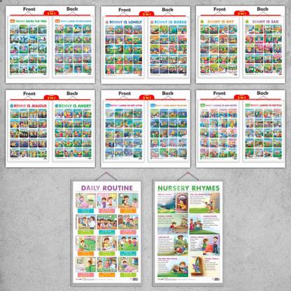 2 IN 1 STORY CHART BENNY IS ANGRY AND BENNY IS JEALOUS, 2 IN 1 STORY CHART BENNY IS BORED AND BENNY IS LONELY, 2 IN 1 STORY CHART BENNY IS SAD AND BENNY IS SHY, 2 IN 1 STORY CHART BENNY LEARNS TO LOVE PLANTS AND BENNY SAVES THE TREE, 2 IN 1 STORY CHART BENNY LEARNS ABOUT POLLUTION AND BENNY LEARNS NOT TO LITTER, 2 IN 1 STORY CHART BENNY LEARNS TO RECYCLE AND BENNY TEACHES TO SAVE WATER, DAILY ROUTINE and NURSERY RHYMES | combos of 8 hard laminated charts | Benny's Emotions & Adventures: A Fun Story Chart! Paper Print