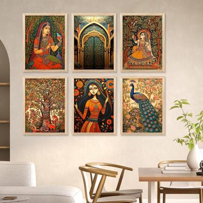 Madhubani Art Paintings with Frame for Home Decor - Framed Painting for Living Room Bedroom Office Room Decor - Traditional Poster for Wall Decoration - Pack of 6 Paper Print