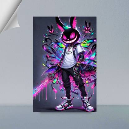 VIRGIN ART | BLACK DEVIL FACED BUNNY IN HUDDIE | DIGITAL ART | BEYOND IMAGINATION | ASTHETIC | 300 GSM A4 FRAMED POSTER FOR WALL Photographic Paper