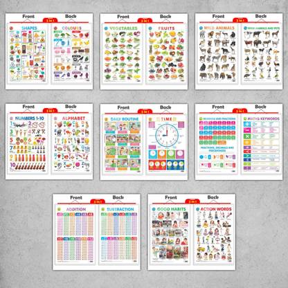 2 IN 1 DAILY ROUTINE AND TIME, 2 IN 1 ALPHABET AND NUMBER 1-10, 2 IN 1 NUMBER & FRACTIONS AND MATHS KEYWORDS, 2 IN 1 COLOURS AND SHAPES, 2 IN 1 FRUITS AND VEGETABLES, 2 IN 1 WILD AND FARM ANIMALS & PETS, 2 IN 1 GOOD HABITS AND ACTION WORDS and 2 IN 1 ADDITION AND SUBTRACTION | combos of 8 hard laminated charts | Mastering the Essentials: 2-in-1 Daily Routine, Alphabet, Numbers, Math, Colors, Shapes, Fruits, Animals, Habits, and Math Operations Paper Print