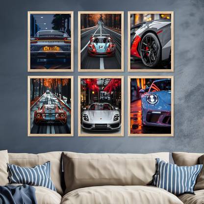 Sports Car Wall Painting For Home Decor | Premium Luxury Cars Wall Poster With Frame for living room Bedroom, Kids Room / Painting for Car lovers (Set of 6) Paper Print