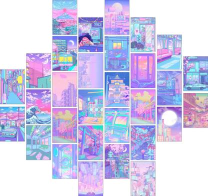 Paper9store Pack of 30 Pastel Anime Poster Set |Aesthetic Room Decor| Self Adhesive Wall Posters Kit for Dorm Decoration| Aesthetic anime Decor Posters| Aesthetic wall posters Photographic Paper