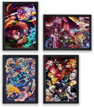 set of 4 demon slayer poster with frame anime wall posters (size_13x9.8 inch) Paper Print