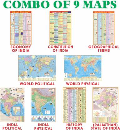 India & World Map (Both Political & Physical) Rajasthan with Constitution of India , Indian History , Indian Economy & Geographical Terms Chart |Maps Size: (40 X 28 inch) (23 X 36 inch)| Set Of 9 | Useful for UPSC and other competitive exam preparation Paper Print