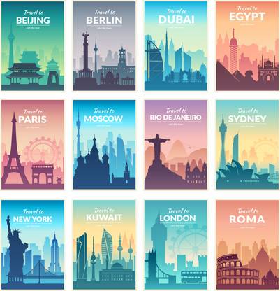 Vintage (Pack of 12) City Posters, Super Self Adhesive, Perfect for Decorating Walls Popular City Posters for Wall Collage Kit Paper Print