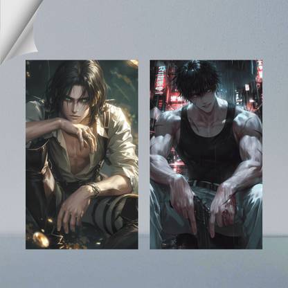 VIRGIN ART | EREN YEAGER & TOJI FUSHIGURO FROM ANIME WORLD | DIGITAL ART | SET OF 2 | 300 GSM A4 FRAMED POSTER FOR WALL Photographic Paper