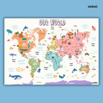 Geography Map 24 x 33 Inches with Capitals, Countries & Fun Animal Facts Paper Print