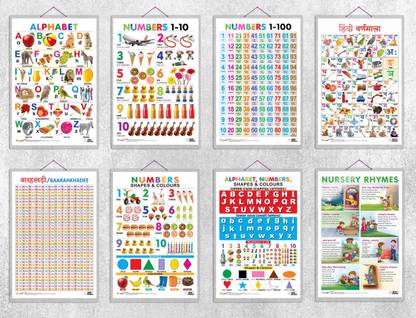 Alphabet, Numbers 1-10, Numbers 1-100, Hindi Varnamala, Baarahkhadee, Numbers, Shapes & Colours, Alphabet, Numbers, Shapes & Colours and NURSERY RHYMES | Combos of 8 hard laminated charts | Fun-filled Learning: Alphabet, Numbers, Shapes & Colours, Nursery Rhymes & More! Paper Print