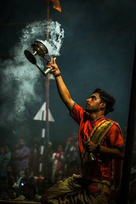 Faces Of Bananas Ganga Aarti #4 - My Own Captured Travel Photography Print - Borderless A4 Size - Indigo Colors Option - Premium Do Not Bend Parcel Photographic Paper