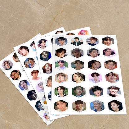 BTS Cute Hexagon Shape Small Stickers ( Set of 4 Sheets ) 96 Stickers Paper Print