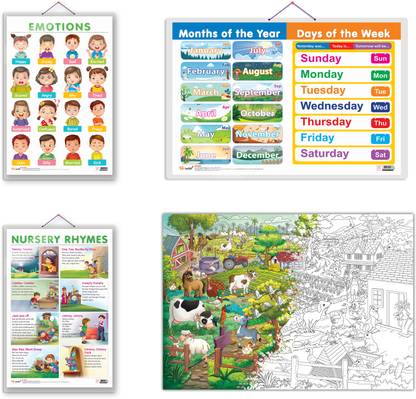 GIANT AT THE FARM COLOURING POSTER, MONTHS OF THE YEAR AND DAYS OF THE WEEK chart, EMOTIONS chart and NURSERY RHYMES chart | Combo of 1 Colouring poster and 3 charts | Educational Adventures: Farm Coloring Poster, Time and Emotions Chart, Emotions Chart, and Nursery Rhymes Chart Paper Print