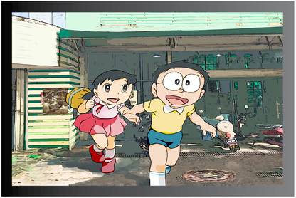 Doraemon Cartoon Poster with Frame Gloss Lamination M34 Paper Print