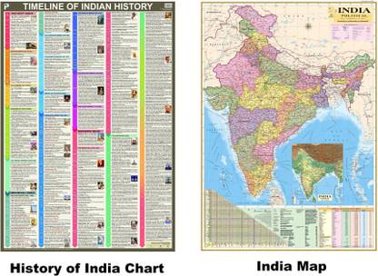 (Pack of 2) History of India Chart and India Map. 100x70 cm (40"x28" inch) With New Union Territories of Jammu & Kashmir and Ladakh. Updated Chart/Map. Paper Print