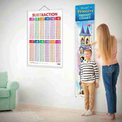 SUBTRACTION CHART and PRINCESS HEIGHT CHART | Set of 2 charts 1 Educational + 1 Height Chart | A Perfect Combo for Mastering Math & Tracking Height Paper Print
