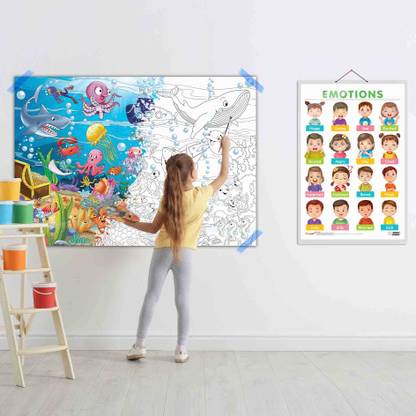 EMOTIONS CHART and GIANT UNDER THE OCEAN COLOURING POSTER | SET OF 1 CHART and 1 POSTER | "Emotions Underwater Adventure: chart and Giant Oceanic colouring Poster for Children's Exploration. Paper Print