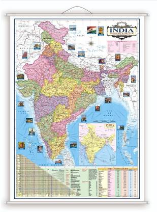 INDIA MAP Up and lower Both sided Piped With Hanging Thread. With Important Fact and Figures, Ideal Map for Aspirant of UPSC, PCS, SSC, Railway's, States Exams and Other Competitive Exams. Updated Map. Paper Print