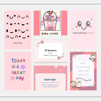 Kawaii-Themed Encouraging Prints – 32 Unique Designs – Thick 350 GSM Paper – 4x6 Inches – Pastel & Encouraging Messages Paper Print