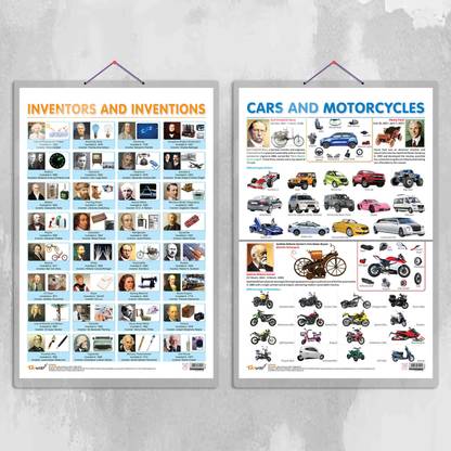 INVENTORS AND INVENTIONS and CARS AND MOTORCYCLE Chart | Combo of 2 Charts | Revolutionary Innovators and Automotive Evolution Paper Print
