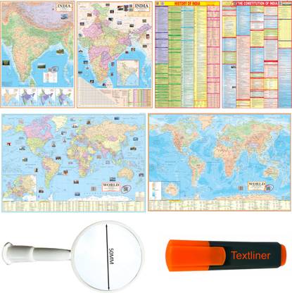 (COMBO OF 6 MAPS, CHARTS WITH COMPLIMENTARY HIGHLIGHTER & MAGNIFYING GLASS) INDIAN Constitution Map & History of India Map With India & World Map (Both Political & Physical)| Set Of 6| Map Size (28 * 40 Inch) (23 * 36 Inch)| Paper Mint| Complimentary Highlighter & Magnifying Glass| Best Useful for UPSC, SSC, IES and other Competitive Exams. (All English Maps) Paper Print. Paper Print