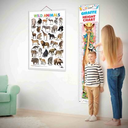 Wild Animals and GIRAFFE HEIGHT CHART | Set of 2 chart | A Combo to Discover Wild Animals and Track Your Height Paper Print