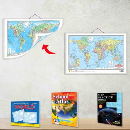 WORLD POLITICAL - MAP PRACTICE BOOK, BOOK OF OUTLINE MAPS WORLD, 2 IN 1 WORLD POLITICAL AND PHYSICAL MAP IN HINDI and SCHOOL ATLAS LATEST EDITION (ENGLISH) - ART PAPER | Pack of 2 Book + 1 Map chart + 1 Atlas | From Maps to Atlas: Exploring World Politics & Physical, Outlines, and Art Paper Paper Print
