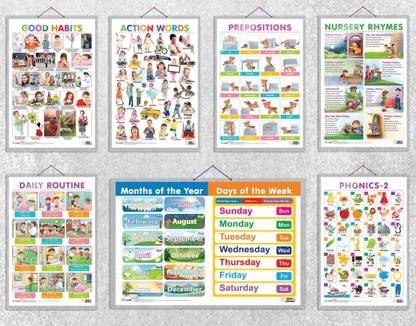 Good Habits, Action Words, PREPOSITIONS, MONTHS OF THE YEAR AND DAYS OF THE WEEK, DAILY ROUTINE, NURSERY RHYMES and PHONICS - 2 Chart | Combo of 7 Charts | Early Learning Essentials: A 7-Chart Set Paper Print