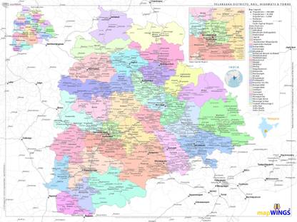 Map of { TELANGANA } with Towns, Highways-Rail and District Boundaries | Size-24 X 18 inches (A2+) | Print Media-Matt, Satin finish Photo Paper Photographic Paper