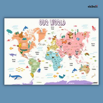 Explore the World with this Colorful Map Featuring Capitals, Countries & Animals Paper Print