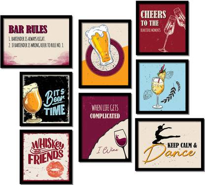 Bar Quotes Frames - KItchen Wall Decor - Wall Posters with Frame for Bar Restaurant Kitchen Wall Frames Set of 8 Paper Print