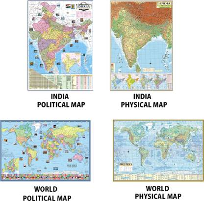 WORLD MAP and INDIA MAP (POLITICAL and PHYSICAL MAP) Pack of 4 All map size : 100x70 cm (40"x28" inch). Update : 2020 Paper Print