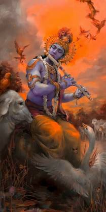 Lord Krishna Cloud Art Hindu Bhagwan Matte Finish Wall Poster Paper Print